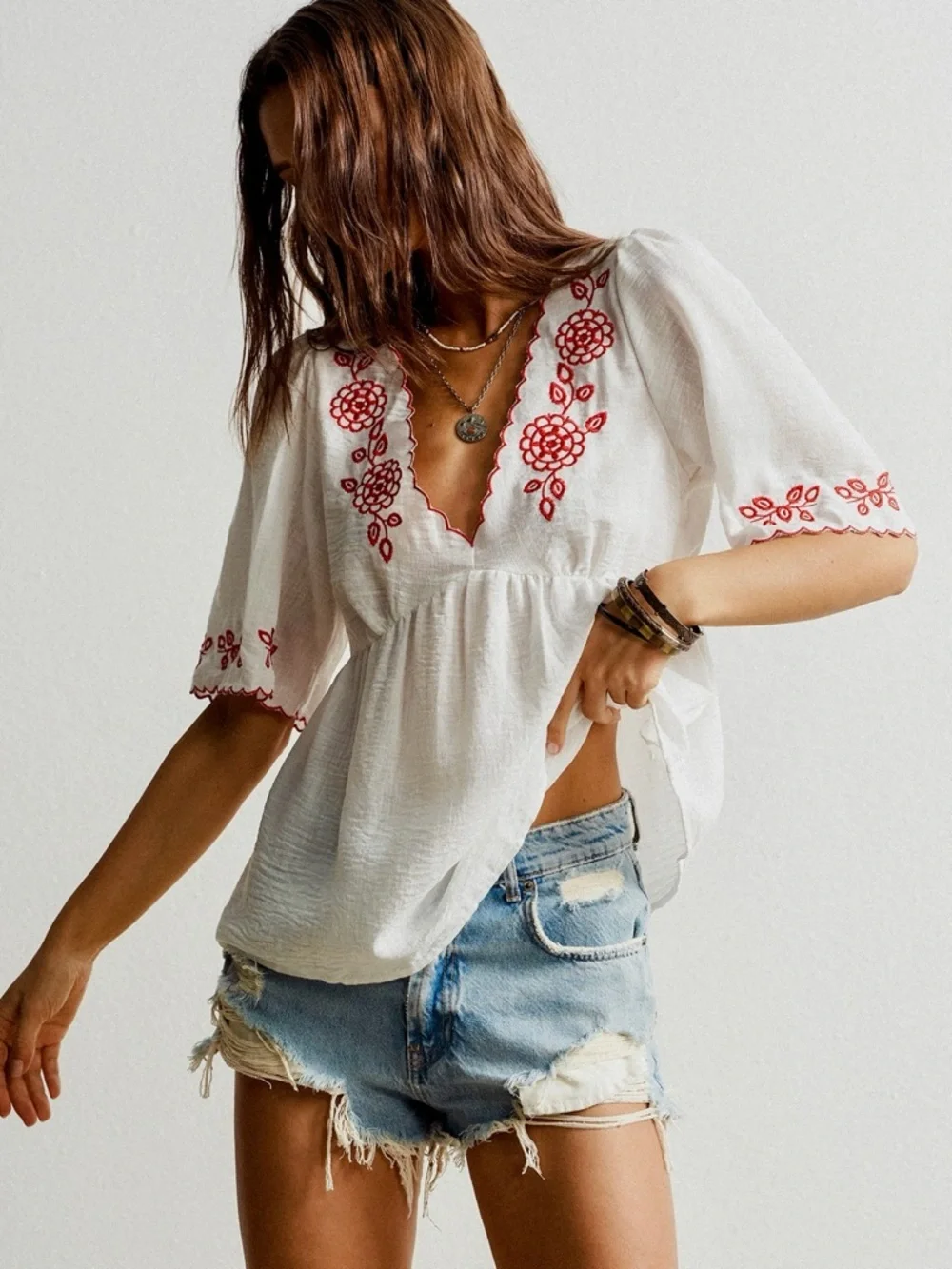 ♥️Hello Gorgeous! Embroidered Floral V-Neck Blouse - White